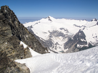 At the col at the top of the snow finger.  Eldorado Peak in the background