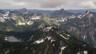 Three Queens and Hibox with Alaska Mtn in the foreground.