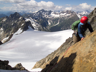 On the way down Old Guard, we downclimbed the slabby ramp with a prusik for a backup.