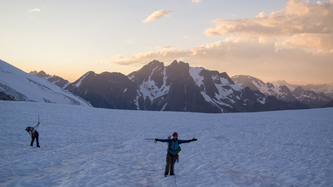 The sun is setting and we are still on the Chickamin Glacier, but we are on relatively flat ground so we are happy.