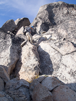 Descending the summit block.