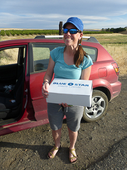 Surprise donut delivery on trail (road)!  Thanks Drop-n-Roll.