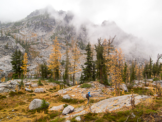 Dudley Spire with Horseshoe Lake peeking out between the trees.